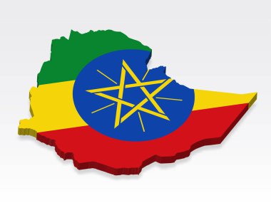 Bayrağı olan üç boyutlu Etiyopya haritası. Etiyopya 'nın gölgeli üç boyutlu haritası. Tasarım, uygulama ve UI için Etiyopya Federal Demokratik Cumhuriyeti 'ni beyaz arka planda tutun. Hisse senedi. EPS10. 