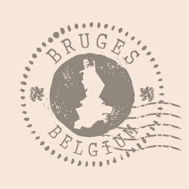 Bruges pulu Belçika şehridir. Siluet haritası, lastik mühür. Retro Seyahat Tasarımı. Tasarımınız için Bruges Haritası 'nı mühürleyin. Belçika. EPS10