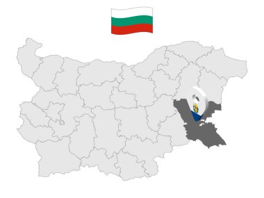 Bulgaristan haritasında Burgaz Bölgesi. Burgaz Eyaleti 'nin bayrağına benzer 3 boyutlu bir tabela. Tasarımınız için Bulgaristan Eyaletleriyle kaliteli bir harita. EPS10.
