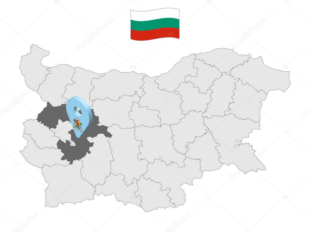 Location  Sofia Province  on map Bulgaria. 3d location sign similar to the flag of Sofia Province. Quality map  with  Provinces of Bulgaria for your design. EPS10.