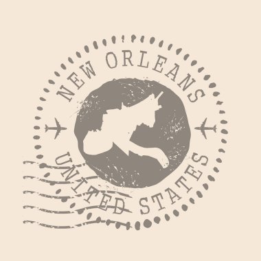 Stamp Postal, ABD 'nin New Orleans şehridir. Siluet haritası, lastik mühür. Retro Seyahat Tasarımı. Tasarımınız için New Orleans Haritasının Mührü. EPS10
