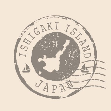 Ishigaki Adası 'nın pulu. Siluet haritası, lastik mühür. Retro Seyahat Tasarımı. Japonya 'nın Ishigaki Adası' nı mühürleyin. EPS10