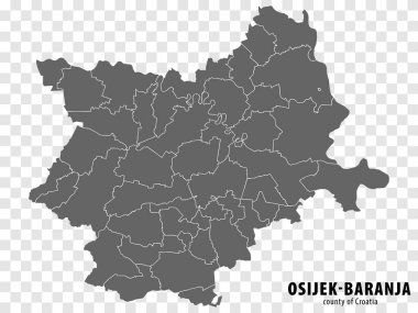 Hırvatistan 'ın Osijek-Baranja ilçesinin boş haritası. İnternet sitesi tasarımı, logosu, uygulaması, UI 'si için şeffaf arka planı olan yüksek kaliteli Osijek-Baranja İlçesi haritası. Hırvatistan. EPS10.