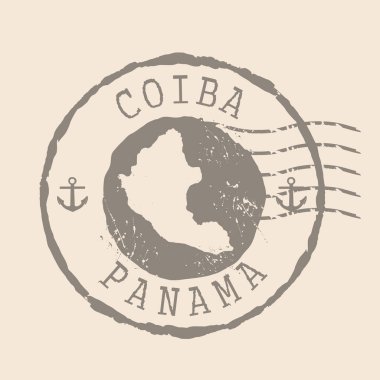 Coiba 'nın posta pulu. Siluet haritası, lastik mühür. Retro Seyahat Tasarımı. Tasarımın için Coiba Adası 'nın Mührü. Panama. EPS10
