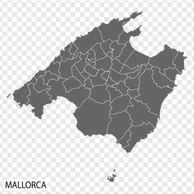 İspanya 'nın boş haritası. İnternet sitenizin tasarımı, logosu, uygulaması ve UI için şeffaf arkaplanı olan yüksek kaliteli Mallorca haritası. Balear Adaları. EPS10.