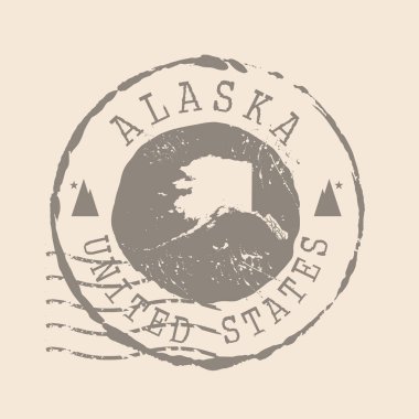 Alaska 'nın posta pulu. Siluet haritası, lastik mühür. Retro Seyahat Tasarımı. Tasarımın için Alaska Haritası grunge 'ı mühürle. Birleşik Devletler. EPS10