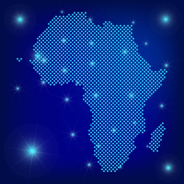 Mavili Afrika haritası. Noktalı harita. Koyu mavi arka planda spot ışıklarıyla Afrika 'nın noktaları. Küresel sosyal ağ. Noktalı haritalı mavi fütüristik arka plan. EPS10