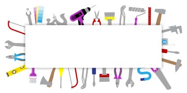 Profesyonel tamirat servisi. Renkli araç koleksiyonu ve metin alanı olan logonuz için boş şablon. Web sitesi tasarımı, uygulaması ve UI için beyaz arka planda tamir araçları. Gölge. EPS10.