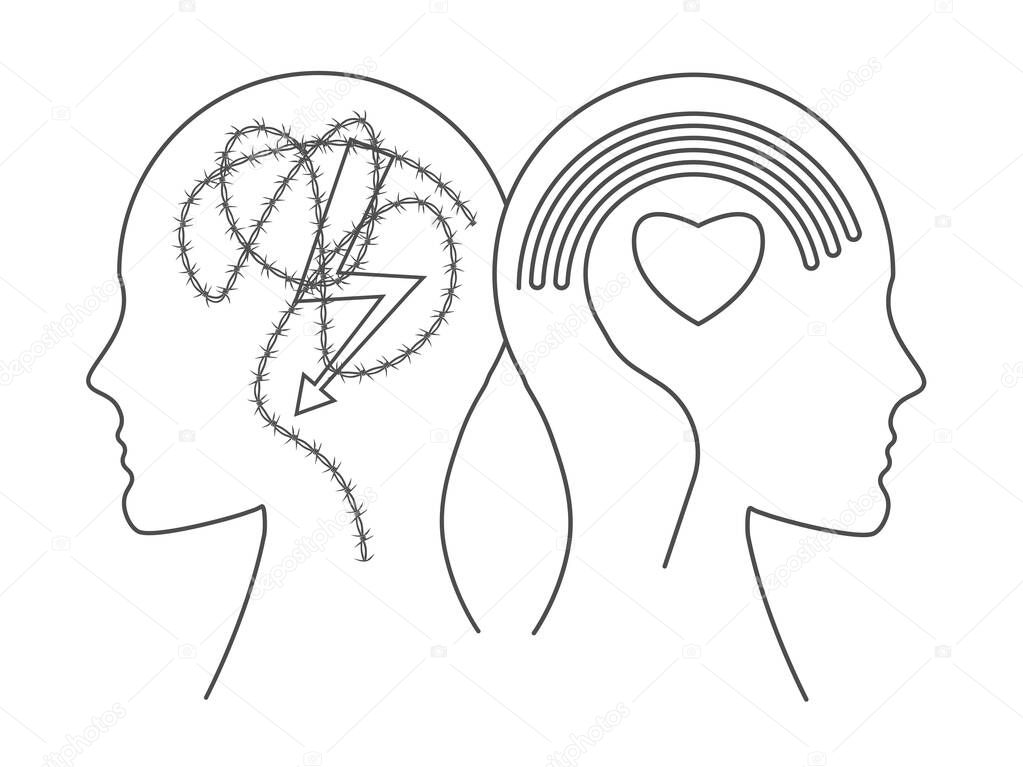 Mental health concept. Head profiles with clear thinking  and  symptoms of depression, stress. Mindfulness and stress management in psychology for your web site design, app, UI.  EPS10.