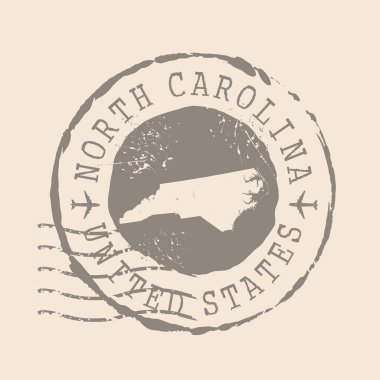 Kuzey Carolina pulu postası. Siluet haritası, lastik mühür. Retro Seyahat Tasarımı. Tasarımınız için Kuzey Carolina 'nın gizli haritasını çıkarın. Birleşik Devletler. EPS10