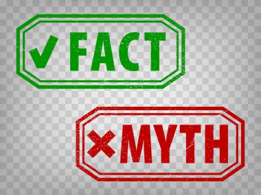 Gerçek ve efsanevi grunge kauçuk damgası şeffaf arka planda izole edilmiştir. Çapraz işaretli gerçek ya da kurgu. Tasarım, uygulama ve UI için yeşil ve kırmızı mit pulları. EPS10. 