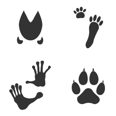Hayvanın ayak izleri, tavşan izleri, domuz, fossa, beyaz arka planda lemur. Gri renkli siluet hayvan izleri. Dizaynınız için Paw Print. Vektör çizimi. EPS10.