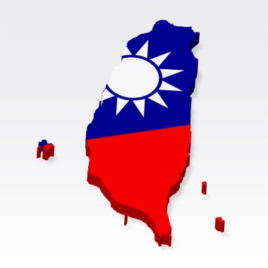 Bayrak taşıyan 3 boyutlu Tayvan haritası. Çin Cumhuriyeti 'nin gölgeli üç boyutlu haritası. Tasarım, uygulama ve UI için beyaz arka planda Tayvan bayrağı. Hisse senedi. EPS10. 
