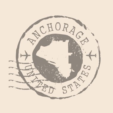 Stamp Postal Anchorage, ABD 'nin başkentidir. Siluet haritası, lastik mühür. Retro Seyahat Tasarımı. Tasarımınız için Anchorage grunge haritasını mühürleyin. Alaska mı? Birleşik Devletler. EPS10