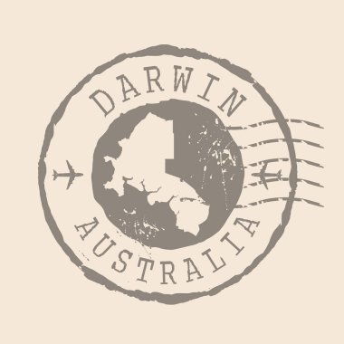 Darwin 'in Damga Postası Avustralya şehridir. Siluet haritası, lastik mühür. Retro Seyahat Tasarımı. Tasarımın için Harita Darwin grunge mührü. EPS10
