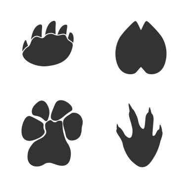 Hayvan ayak izleri, beyaz arka planda su aygırı, kaplumbağa, timsah ve deve izleri. Gri renkli siluet hayvan izleri. Dizaynınız için Paw Print. Vektör çizimi. EPS10.