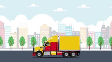 Şehrin arka planında sarı kamyon animasyonu var. Animasyon Video. Ağaçlarla birlikte şehrin arka planını değiştiriyoruz. Nakliye kamyonu. 4k 