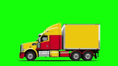 Yeşil arka planda sarı kamyon animasyonu. Animasyon Video. Kamyon ve alfa kanalı taşınıyor. 