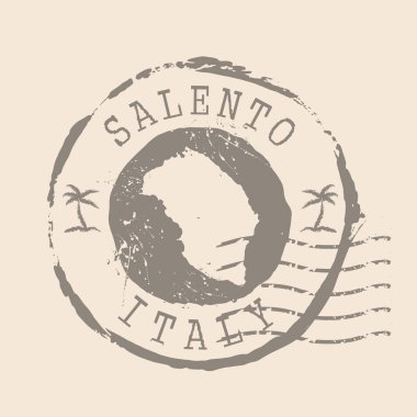 İtalya Posta Salento pulu. Siluet haritası, lastik mühür. Retro Seyahat Tasarımı. Tasarımınız için Salento Haritasını Mühürleyin. İtalya. EPS10