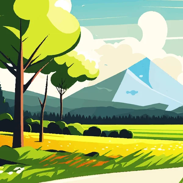 木々や山と夏の風景漫画のデザインの背景 ベクターイラスト — ストックベクタ