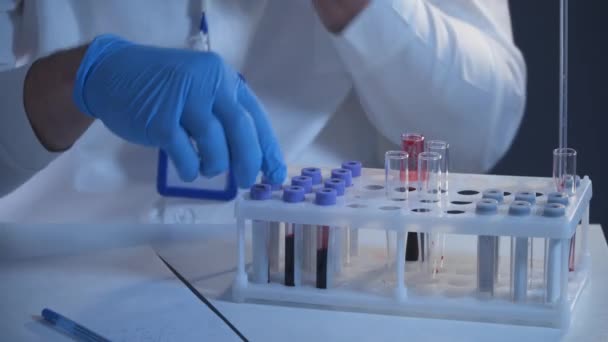 血液サンプルの研究室で働いている病理医 研究室でDnaサンプルを処理する科学者 血液検査 血液の研究 血液サンプルでスライドを準備する研究室の労働者 — ストック動画