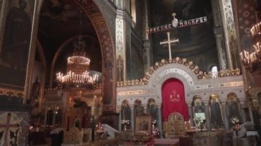 10 Kasım 2020. Kiev. Ukrayna. Katedral Katedrali. İç mekan. Ortodoks Tapınağı. İçeri gir. Kyiv 'deki St. Hughmirs Katedrali' nin dekorasyonu. Ukrayna Ortodoks Kilisesi 'nin önemli simgeleri. 