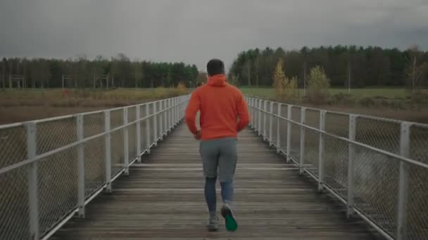 自然の中で寒い秋の天気で実行されます 男が国立公園の木製の橋を渡って走っている クロスカントリートレーニングの選手 カナダで働く 屋外でのアクティブなスポーツとフィットネス 健康的なライフスタイル — ストック動画
