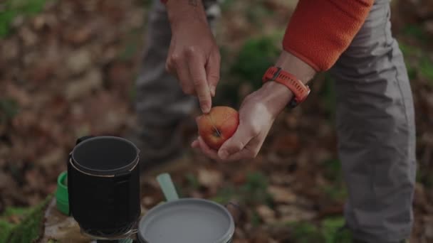 Händer Manliga Vandrare Skära Ett Äpple Medan Äter Lunch Skogen — Stockvideo