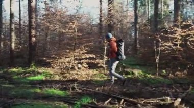 Yürüyüş, orman, seyahat, aktif sağlıklı yaşam tarzı, macera, tatil konsepti. Sırt çantasıyla ormanın derinliklerinde dolaşan bir adam. Bekar erkek orman yolu boyunca gider. Sonbahar sezonu. Tek başına açık hava aktivitesi. 