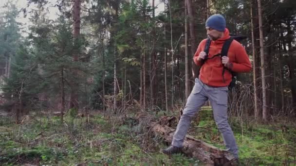 Hombre Aventurero Aire Libre Senderismo Través Bosques Con Mochila Camino — Vídeo de stock