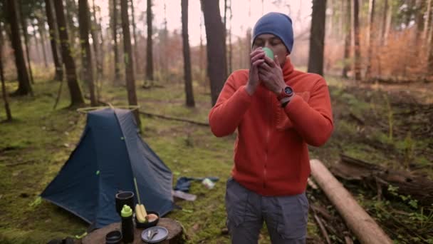 Hombre Excursionista Acampó Bosque Beber Una Taza Frente Tienda Campaña — Vídeos de Stock