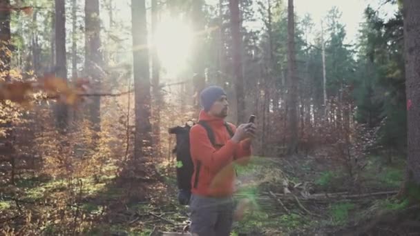 徒步旅行时的户外地图 Hiker使用智能手机通过应用程序制图在森林中导航 用智能手机来旅行路线 旅行者用全球定位系统在树林中航行 探险和远足 — 图库视频影像