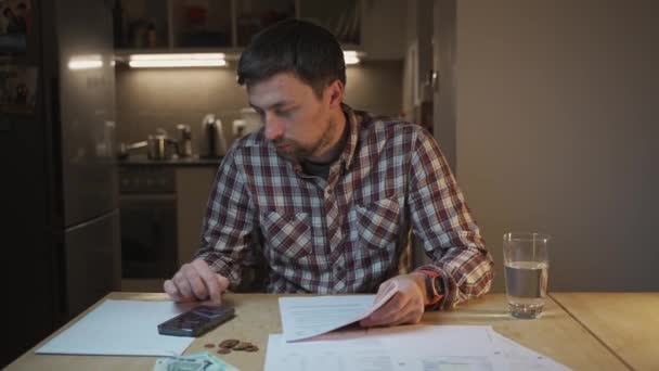 Man Checking Home Finance Stressed Out Man Pays Bills Keeps — Stock Video