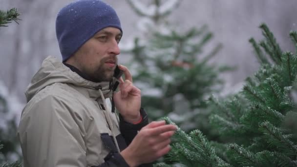 Mannen Väljer Julgran Julmarknaden Och Tar Tips Rätt Val Telefon — Stockvideo