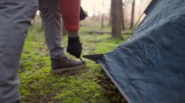 Tourist makes camp in woods, sets up tent in meadow in fall forest, prepares for an overnight stay in campsite. Backpacker builds tent on solo autumn trip in forest. Hiking and staying in nature. 