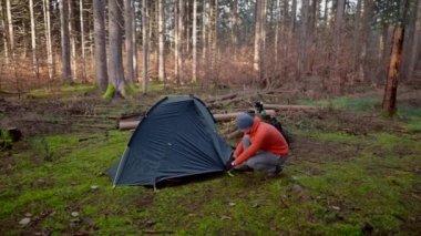 Tourist makes camp in woods, sets up tent in meadow in fall forest, prepares for an overnight stay in campsite. Backpacker builds tent on solo autumn trip in forest. Hiking and staying in nature. 