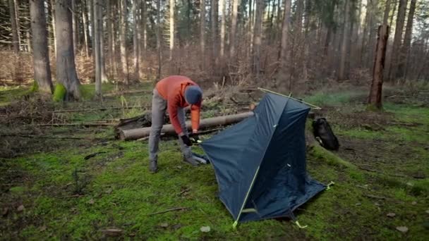 Camping Tourism Travel Concept Man Setting Tent Outdoors Hiker Assembles — Stock video