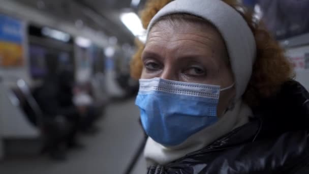 Mature Passenger Subway Wearing Protective Mask Latex Gloves Protect Infection — Stock Video