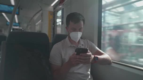Masked Man Travels Train Window Summer Day Sunny Weather Uses — Stok video