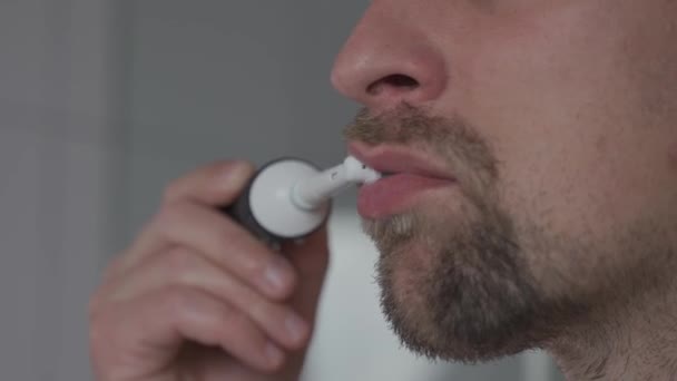 Man Brushes His Teeth Electrical Tootbrush Morning Bathroom Work Male — Video