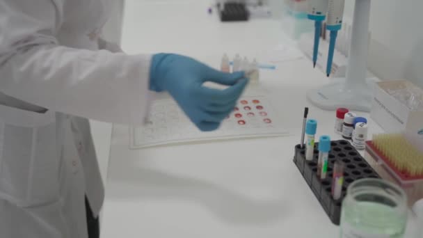 Vércsoport Laboratóriumi Meghatározása Vérvizsgálat Női Laboratóriumi Asszisztens Végez Vérvizsgálatot Vérmintákat — Stock videók
