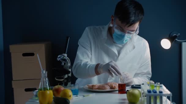 Genetics Laboratory Technician Takes Red Liquid Glass Vial Pipette Applies — Stock Video