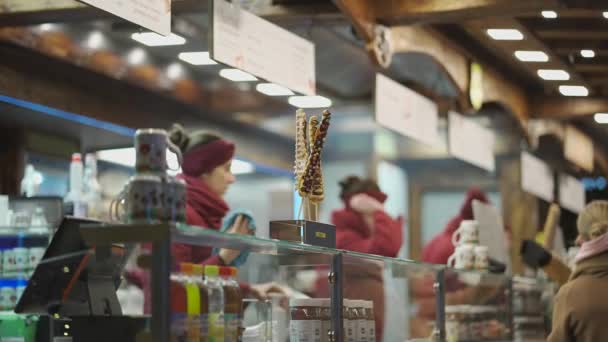 December 2022 Munich Germany Stall Selling Churros Traditional German Christmas — Stok video