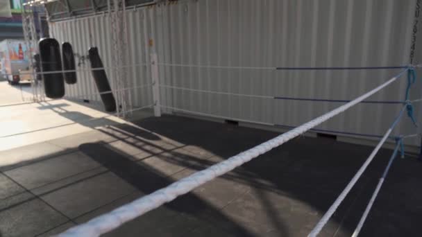 Γυμναστήριο Για Μάχη Και Μποξ Κρεμαστά Σακιά Χωρίς Κόσμο Εξωτερικός — Αρχείο Βίντεο