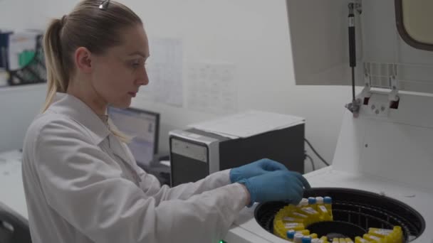 Modern Medical Equipment Analysis Blood Biological Fluid Female Lab Technician — Stock Video