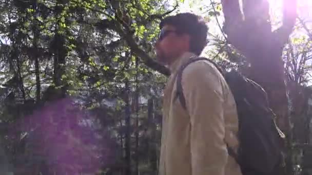 Homem Caminhando Montanhas Com Mochila Óculos Sol Viagem Dia Alemanha — Vídeo de Stock