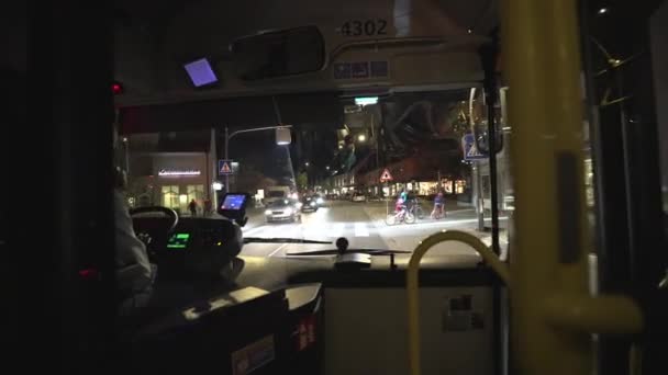 Θέα Από Παρμπρίζ Ενός Λεωφορείου Στο Δρόμο Στη Νυχτερινή Πόλη — Αρχείο Βίντεο