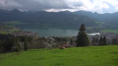 Yazın dağlar ve dağ gölü manzarası. Bavyera, Almanya, Avrupa 'daki güzel Schliersee kasabası. Schliersee Gölü, Bavyera sıradağları. Yukarı Bayern. Panarama auf den Schliersee. 
