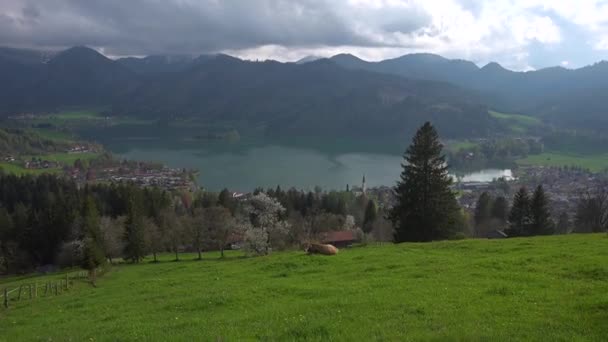 夏天的高山和高山湖景 德国巴伐利亚美丽的Schliersee小镇 白山山脉的施莱西湖 上拜仁 Panarama Auf Den Schliersee — 图库视频影像
