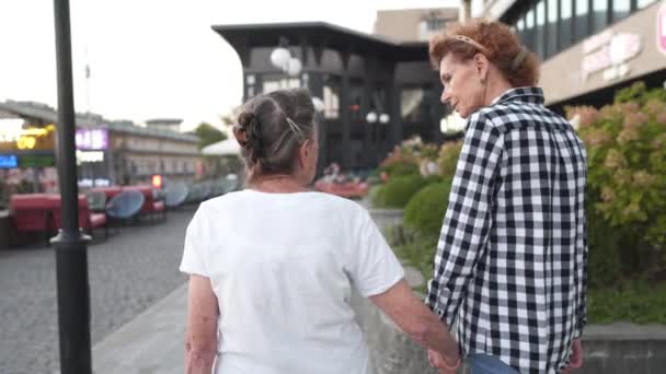 シニア市民の世話をする女性が手を握り 街で抱きしめています 高齢のお母さんと成熟した娘は慎重に手を握って家で公園を散策します 彼女の古い母親を訪問する女性 — ストック動画
